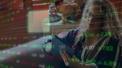 animation of data processing over woman with tablet