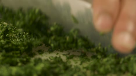 close-up of fingers chopping fresh green herbs on a cutting board