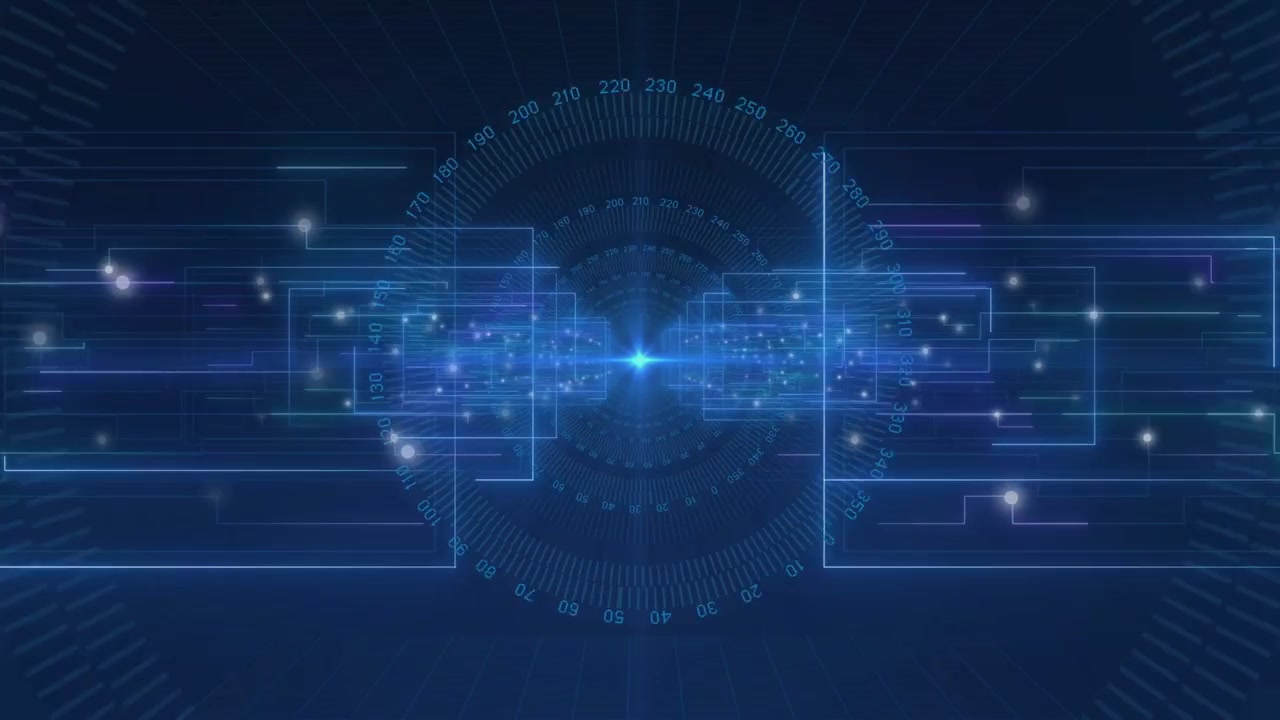 Central blue node bursting, dial rotating, particles pulsing as icons drifting to visualize data