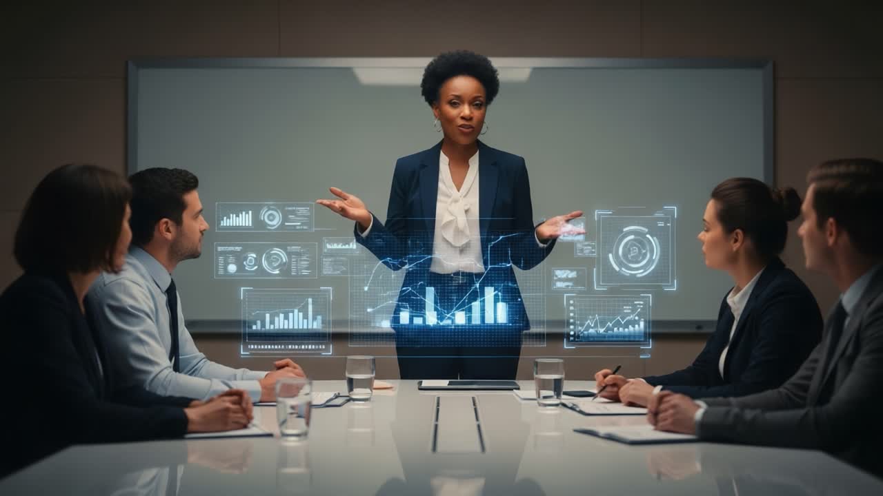 Engaging Business Presentation with Interactive Data Visualization: A Confident Speaker Captivating an Audience in a Professional Setting