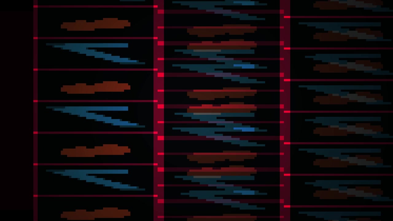 Pixelated Grid with Moving Blue Arrows and Brown Shapes