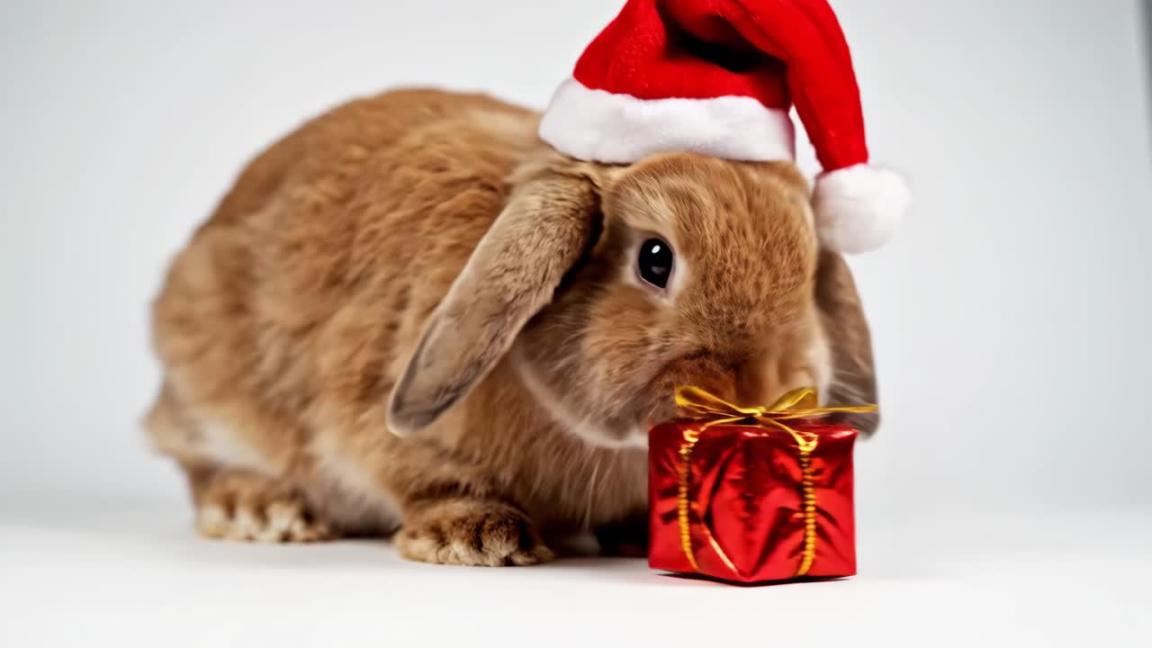 Coelho com chapéu de Papai Noel e presente de Natal