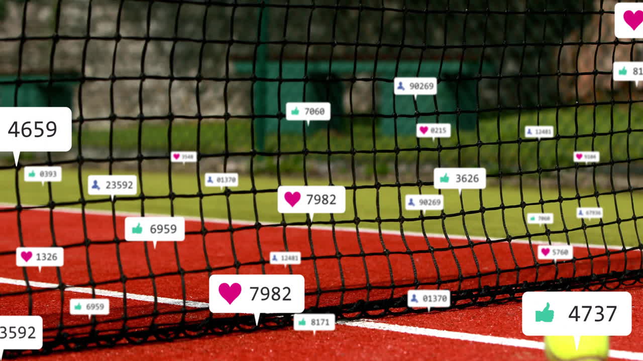 Tennis court net with social media like and follower count animations