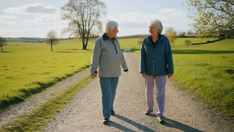 two elderly women walking on a scenic country path