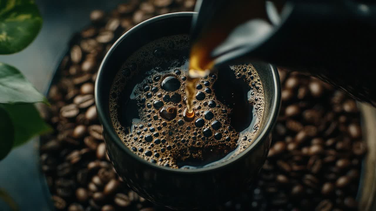 Close-up video of coffee being poured into a mug, surrounded by coffee beans
