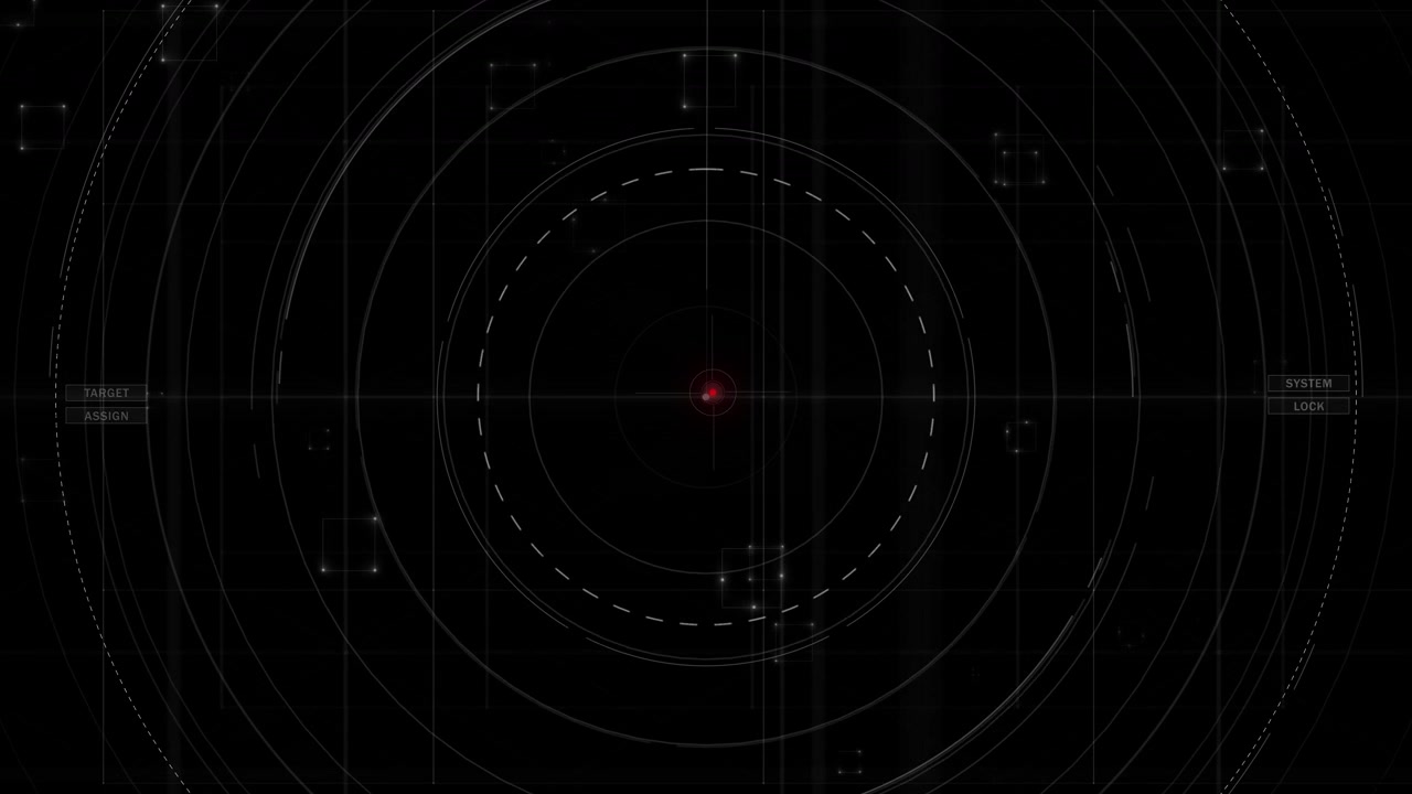 Sfondo scuro dell'interfaccia di un bersaglio radar con anelli di scansione circolari, punto centrale rosso e linee a griglia.