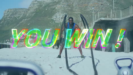 ¡tú ganas! ¡animation de texto sobre el hombre haciendo ejercicio con cuerdas de batalla en la playa!