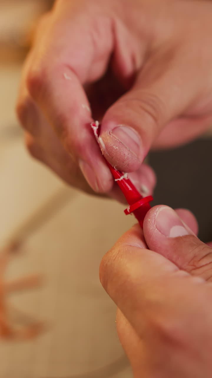 Worker cleans plastic brush from glue leftovers at workplace closeup. Craftsman works with tool in home studio. Traditional industry of accessory making