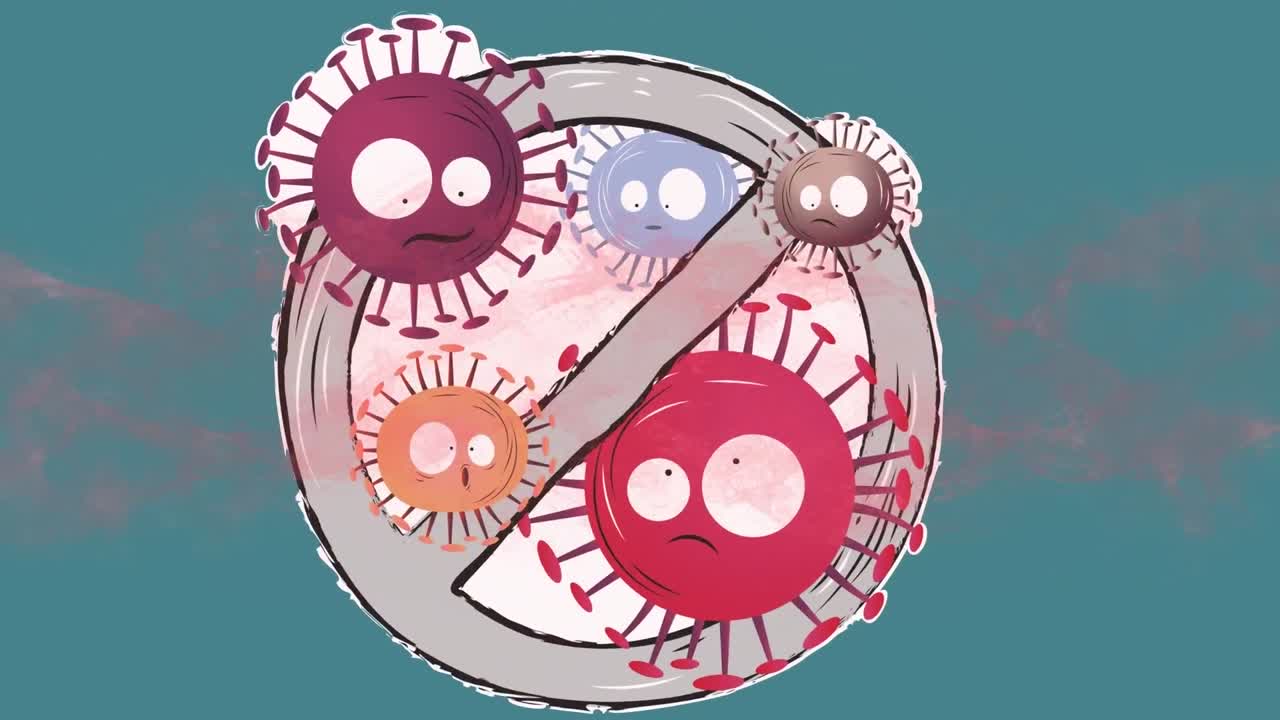 코로나19 세포의 애니메이션과 파란색 배경에 들어가는 표지판이 없습니다.