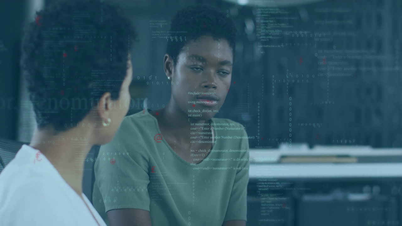 Two people discussing in office with data processing animation overlay