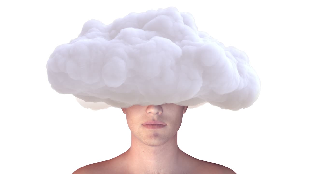 머리에  구름을 가진 남자의 몸, 창의적인 모던 스 모션 스타일의 현실적인 3d 미술 작곡, 최소한의 추상적인 그래픽 컨셉 디자인, 패션 루프 애니메이션.