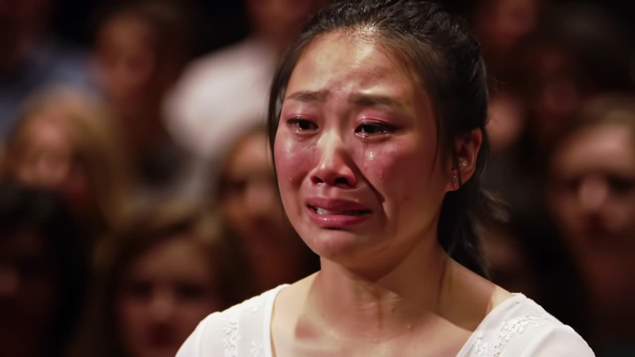 An Emotional Moment Captured: A Young Woman's Tearful Reaction During a Powerful Performance in Front of a Captivated Audience