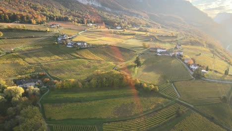 Aerial-Drone-Over-a-medieval-church-in-the-middle-of-the-Vineyards-in-Autumn-in-South-Tyrol