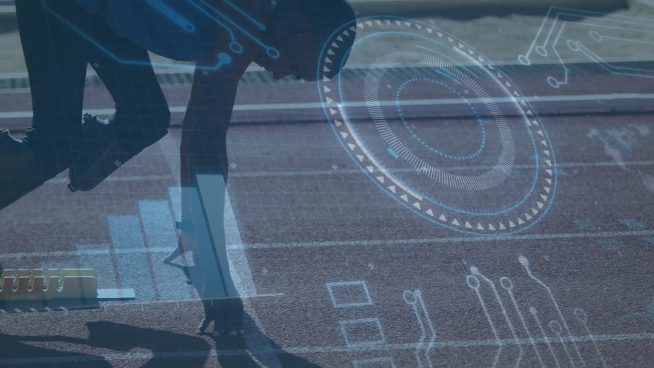 Runner on track with digital data processing animation overlaid