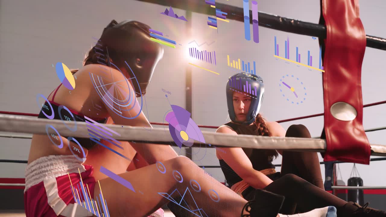 Two female boxers on training break, fixing gear, data charts overlaying ring, camera rising