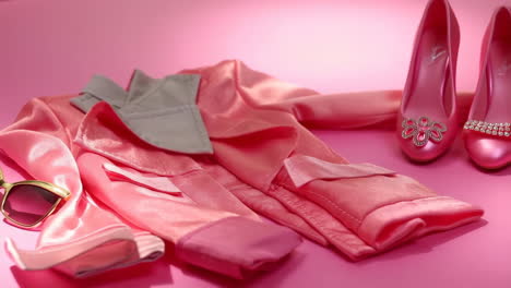 pink satin outfit with high heels and sunglasses