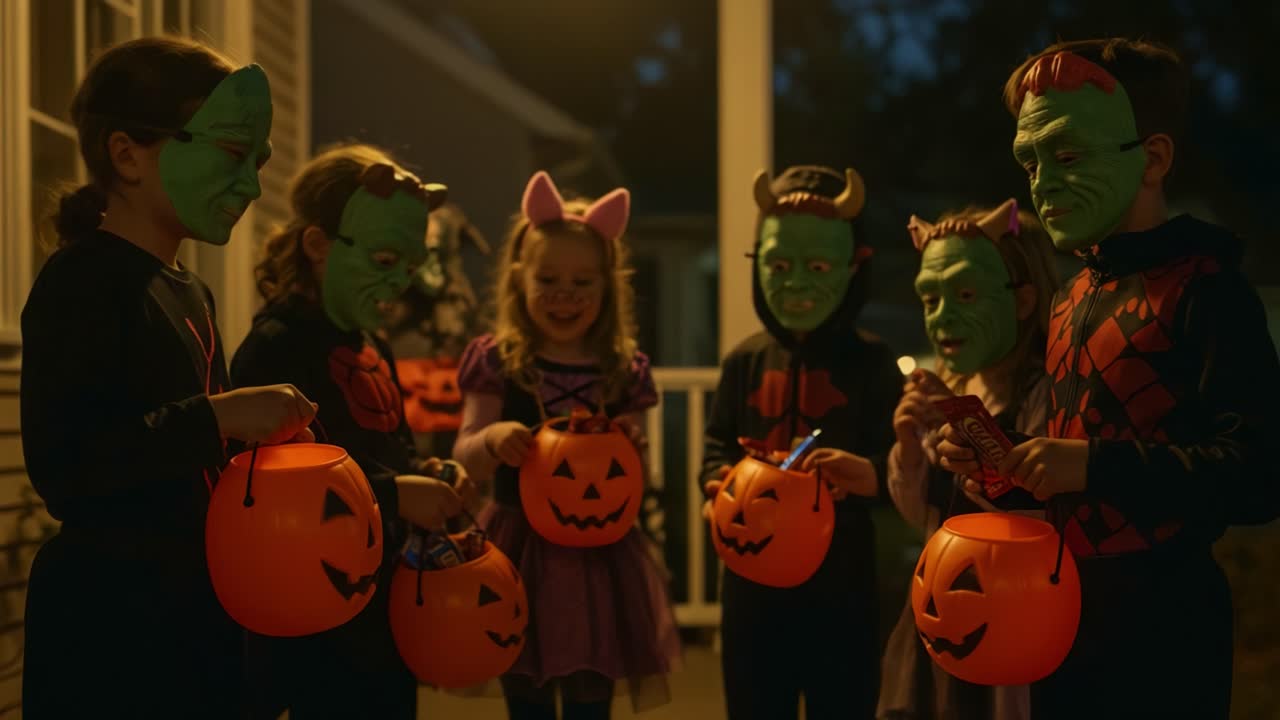 A group of excited children wearing spooky masks and holding Halloween-themed pumpkin baskets eagerly await treats while enjoying a festive nighttime atmosphere