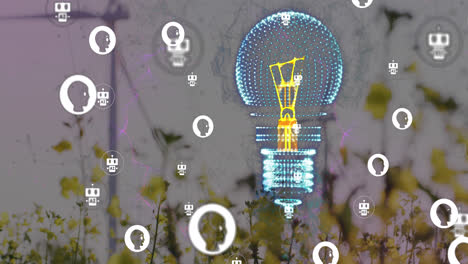 animation of light bulb over network of connections and wind turbines