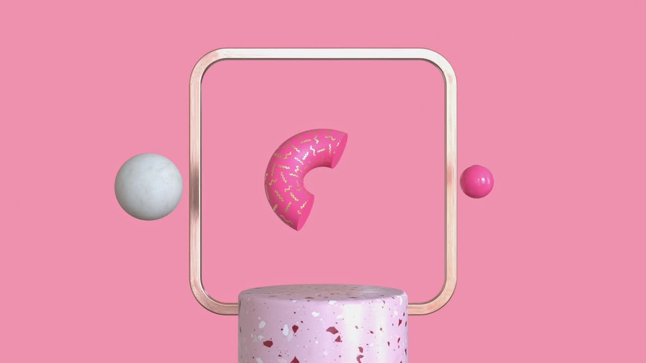 rendering 3d gráfico de movimiento forma geométrica rosada y marco cuadrado dorado