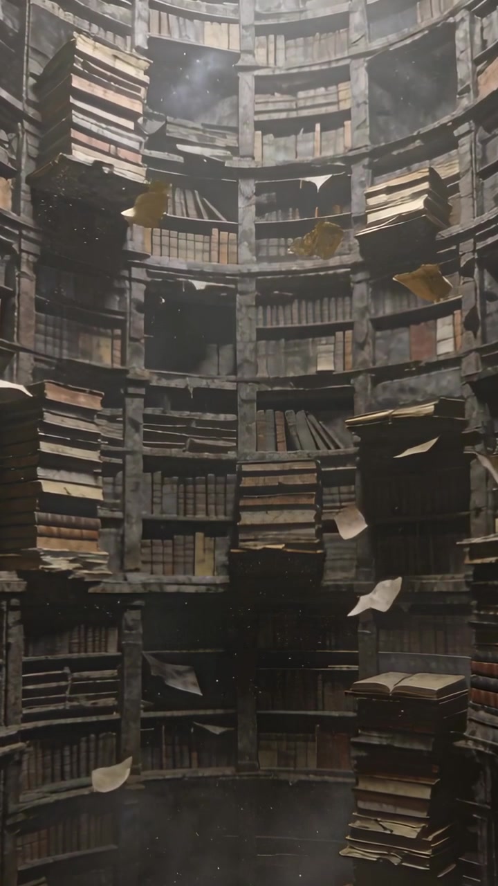 Vertical video: Detaching from top ledges, loose pages spinning down tall shaft, catching on stacks