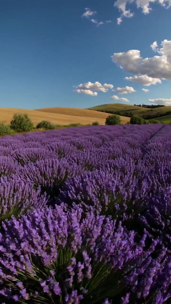 Bellissimo Campo di Lavanda Viola con Colline Ondulate e Cielo Blu