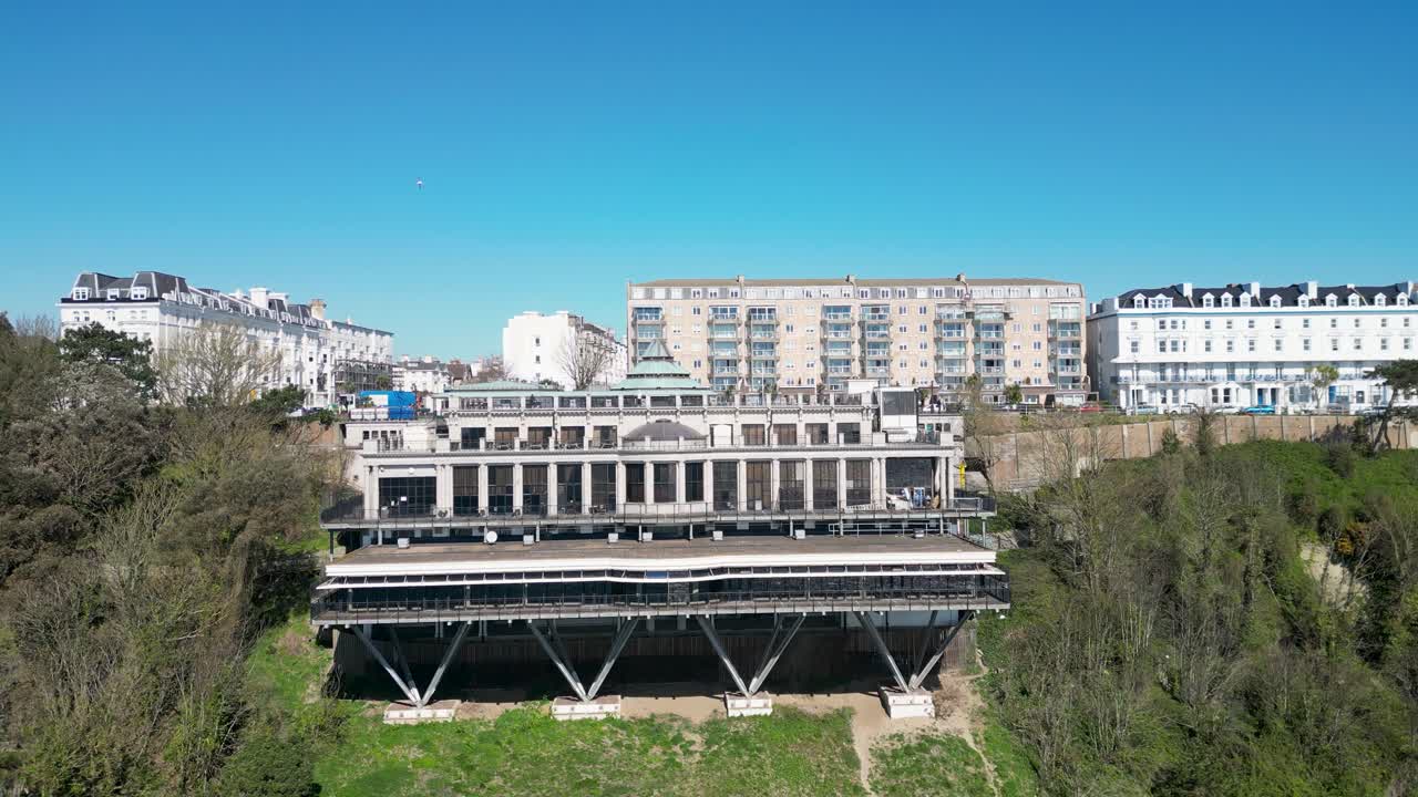 Aerial Ascent Over Leas Cliff Hall with Folkestone Skyline