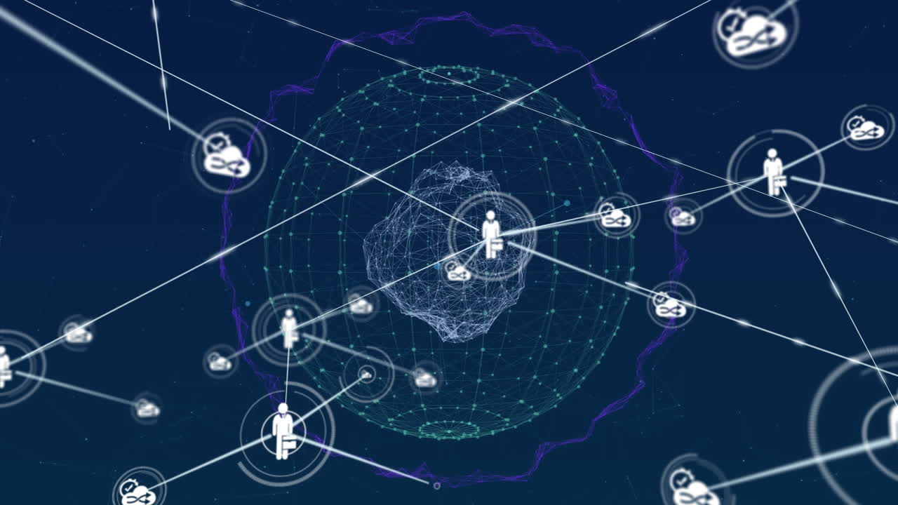 Network of digital icons against Globe of network of connections