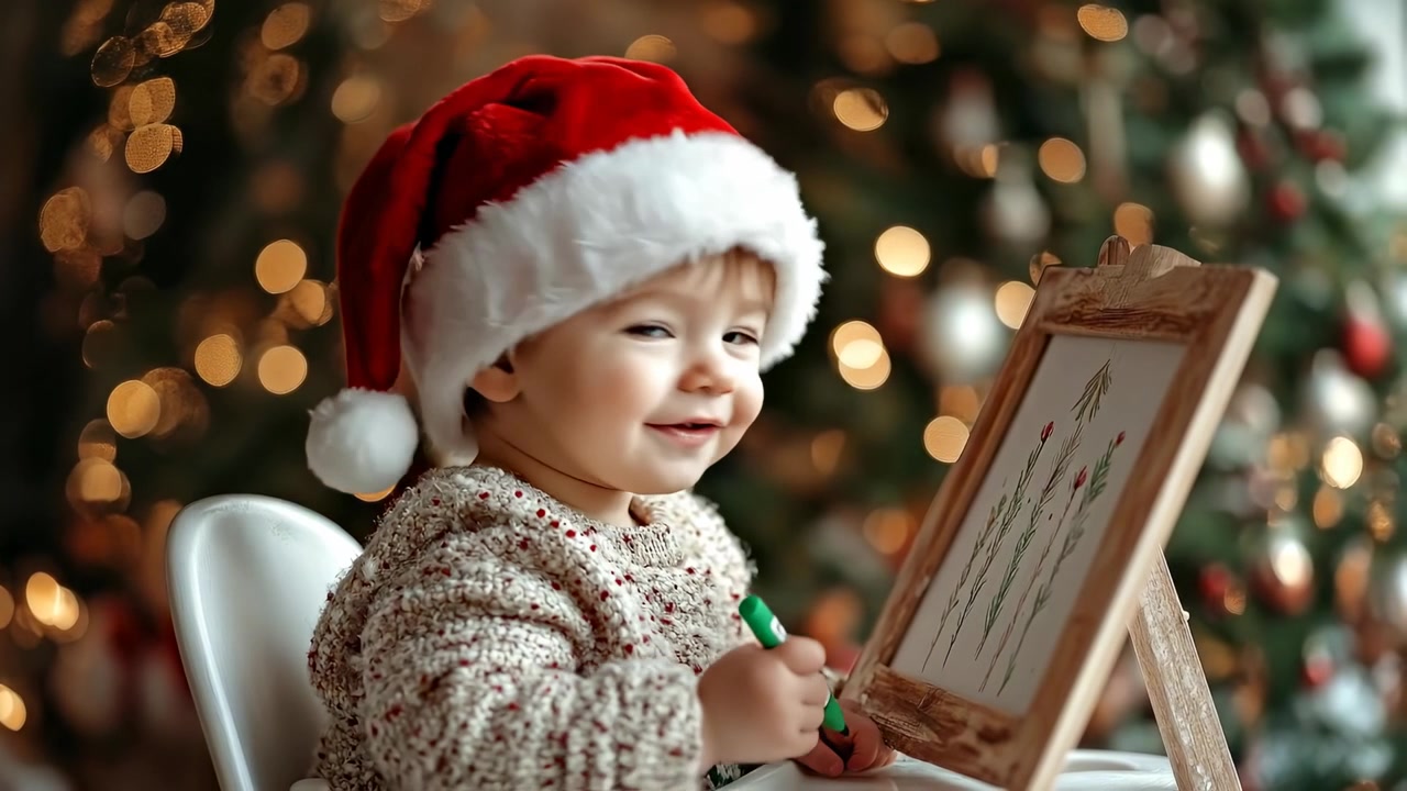Bambino piccolo con cappello di Babbo Natale che dipinge su un cavalletto. Un bambino piccolo con un maglione natalizio e un cappello di Natale che disegna alberi verdi su un cavalletto di legno con un pennarello.