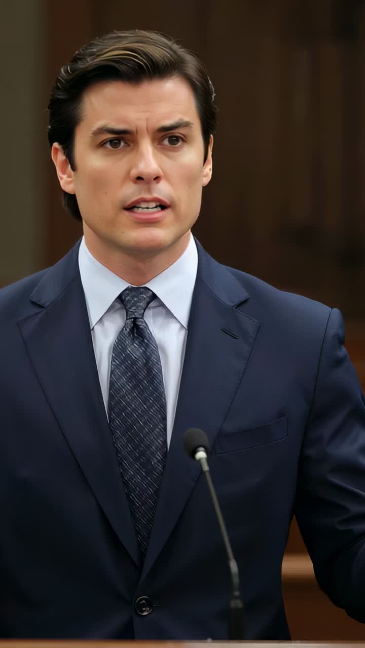 Vertical video: Delivering opening statement, man in dark suit ...