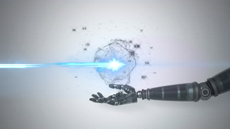 animación de la red de conexiones que procesan datos sobre la mano del brazo del robot, con luz azul en gris