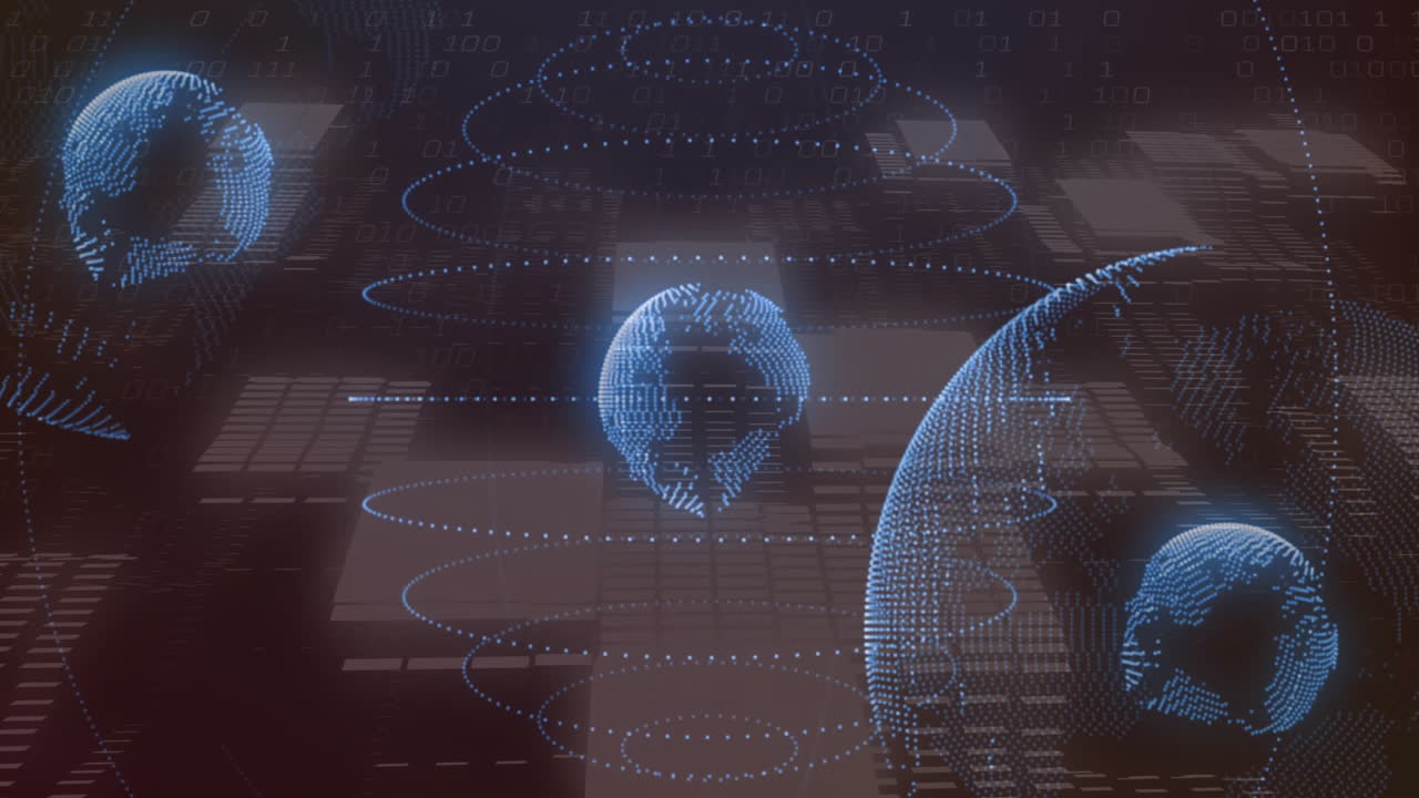 Rotating rings and binary code animation over digital Earth with cityscape background