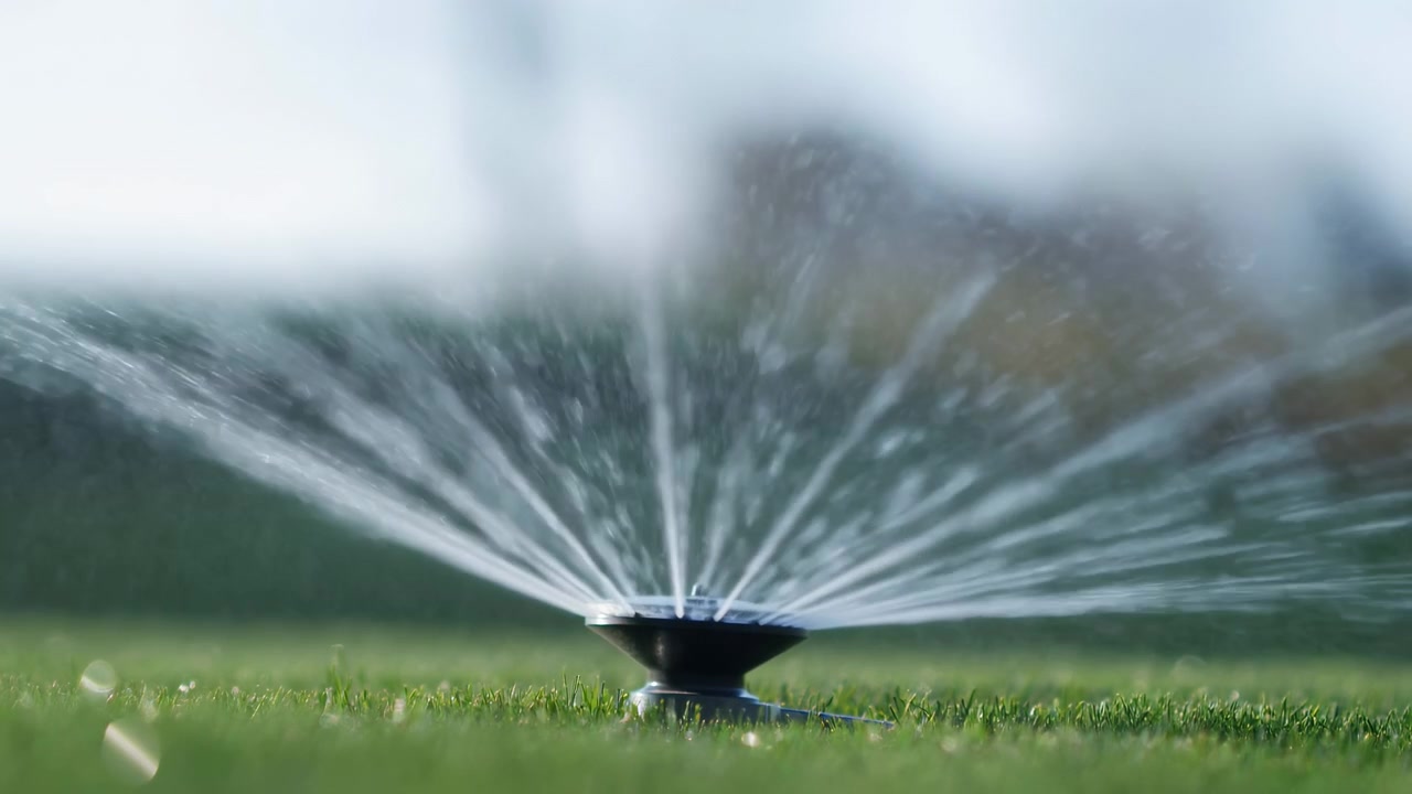 Water jets spread outward from black irrigation head over green lawn, creating bright arcs and fine mist as shallow focus softens distant trees and foliage in daylight.