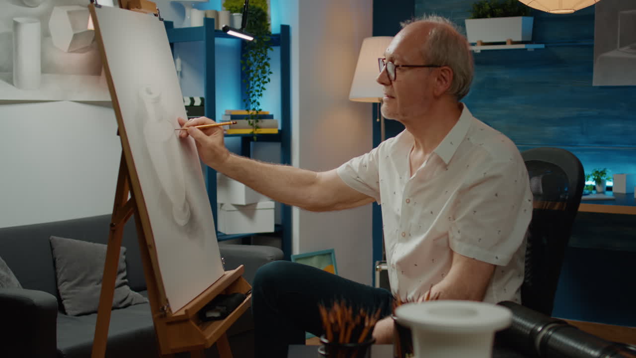 Senior adult using pencils to draw vase on white canvas