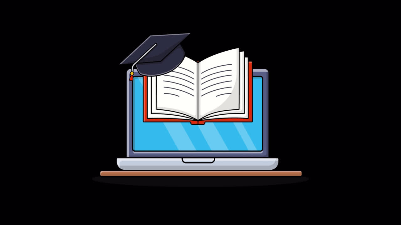 Animated Online Education Concept with Laptop, Book, and Graduation Cap