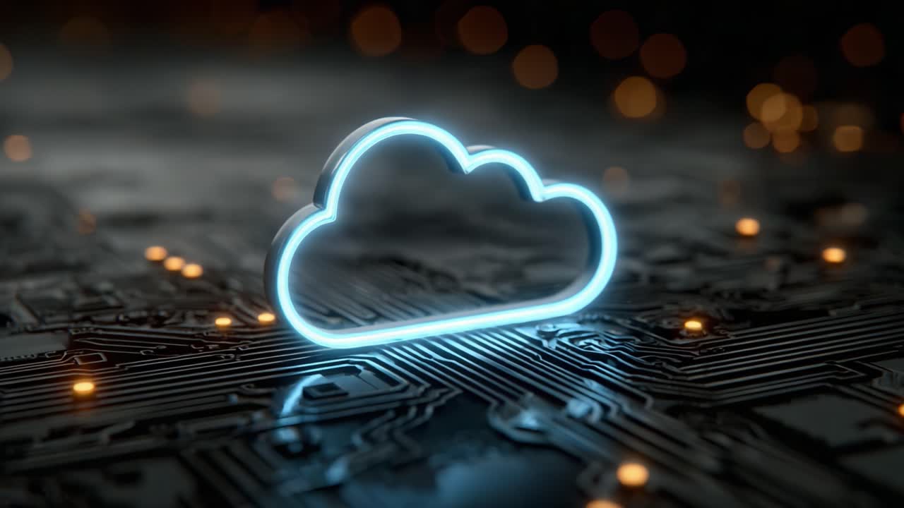 Simbolo di cloud illuminato su uno sfondo di circuito stampato, che rappresenta la tecnologia moderna e le soluzioni di archiviazione dati in un mondo digitale