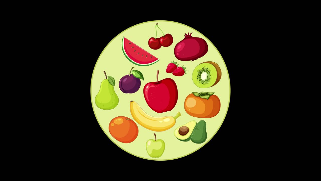 Various fruits smoothly animate into a complete circular group, vibrant colors on black background