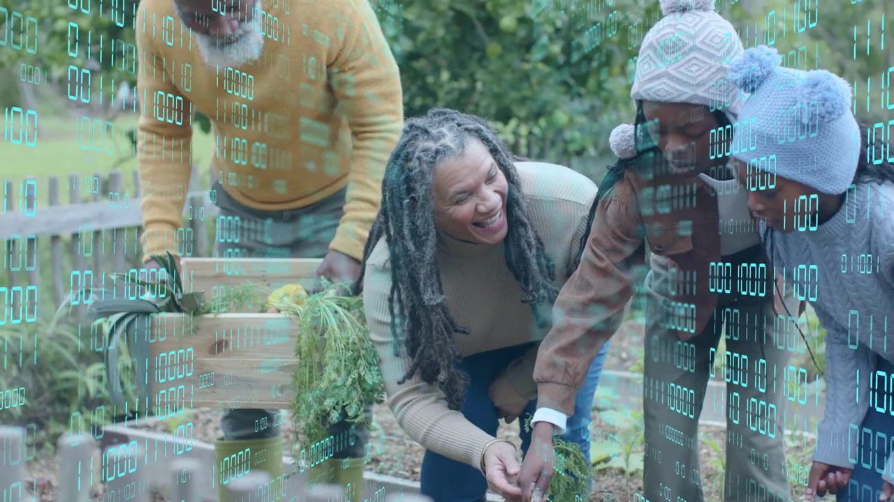 Mature woman guiding kids pulling carrot, man loading box, green binary overlay for agriculture