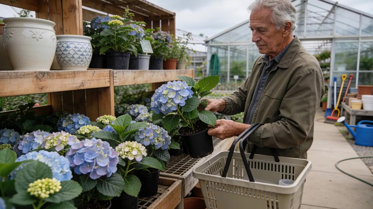 Seeing blooms lifting pot senior at nursery in coat checking hydrangea holding basket, copy space