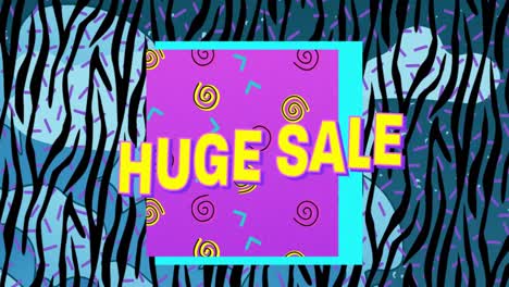 Animation-of-retro-huge-sale-text-on-pink-and-blue-banner-with-zebra-print-background
