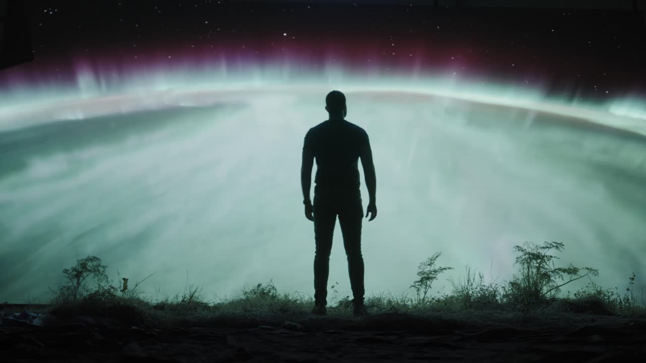 hombre mirando la aurora boreal