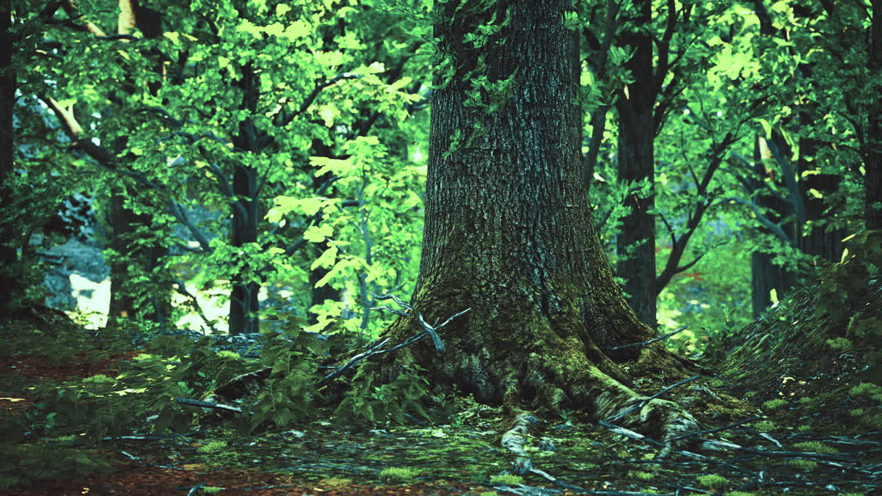 Tall tree with textured bark surrounded by green foliage in a forest setting