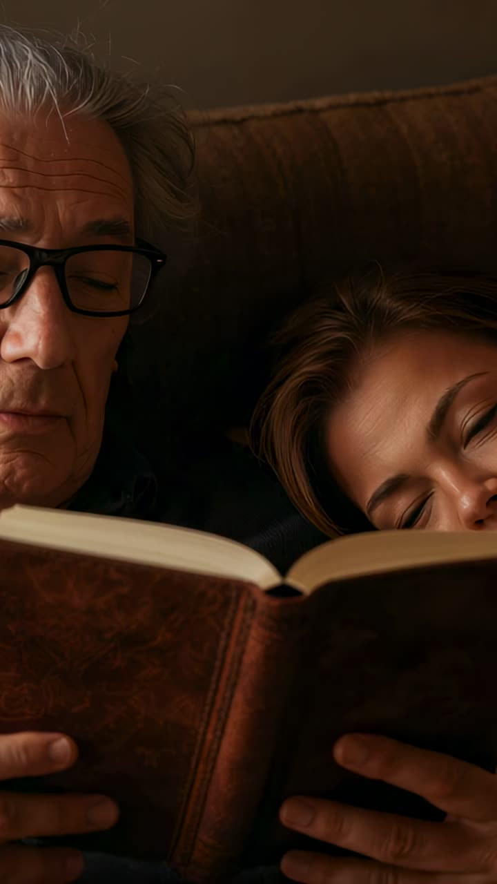 Vídeo vertical: hombre mayor sujetando un libro marrón de tapa dura abierto, leyendo tranquilamente en el sofá con su pareja