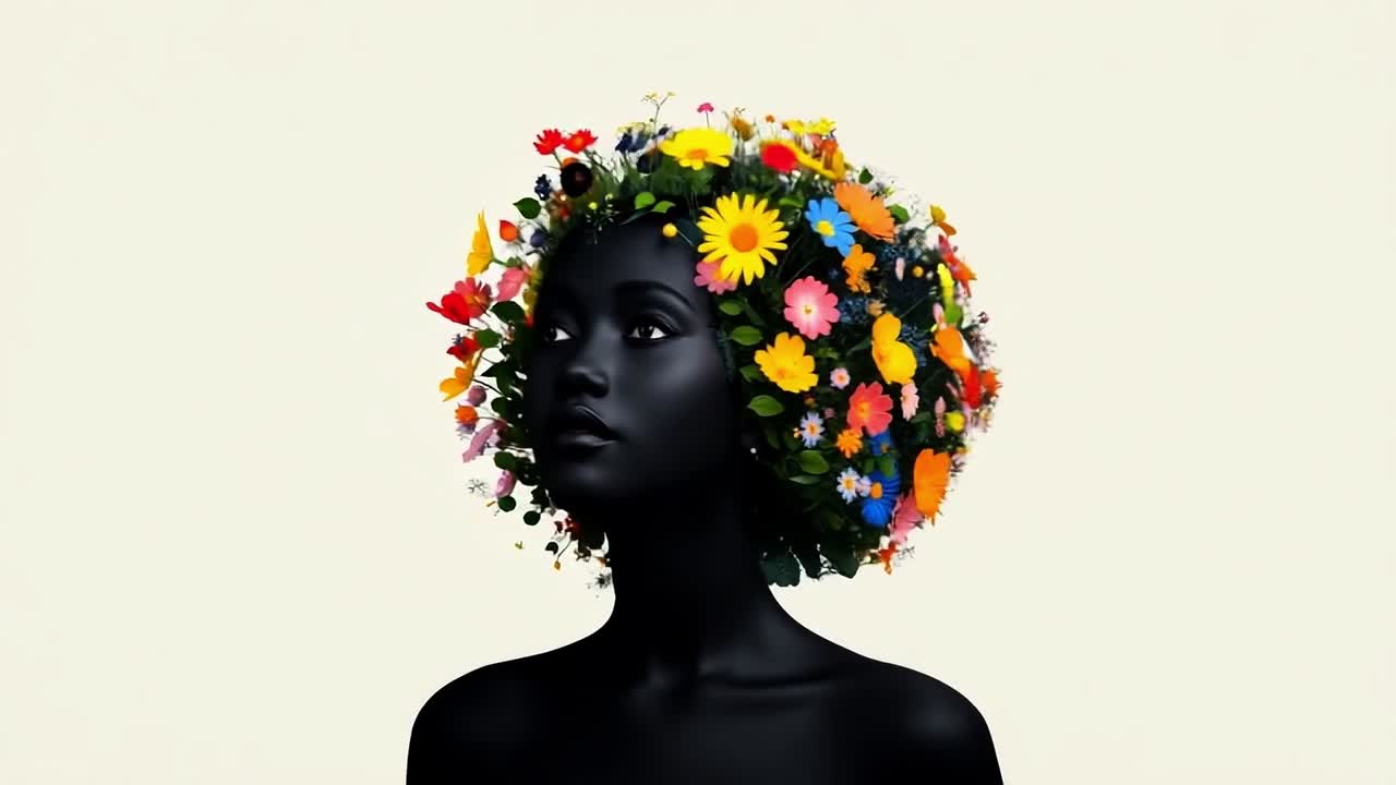 Beauty in floral crown. A woman with dark skin has a vibrant floral crown, showcasing a blend of colorful flowers in a minimalist setting.