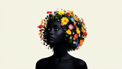 beauty in floral crown. a woman with dark skin has a vibrant floral crown, showcasing a blend of colorful flowers in a minimalist setting.
