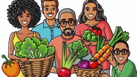happy diverse group with fresh vegetables