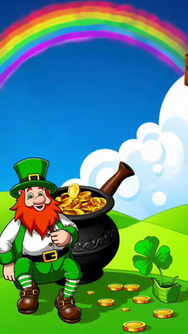 st. patrick's day: leprechaun, pot of gold, and rainbow
