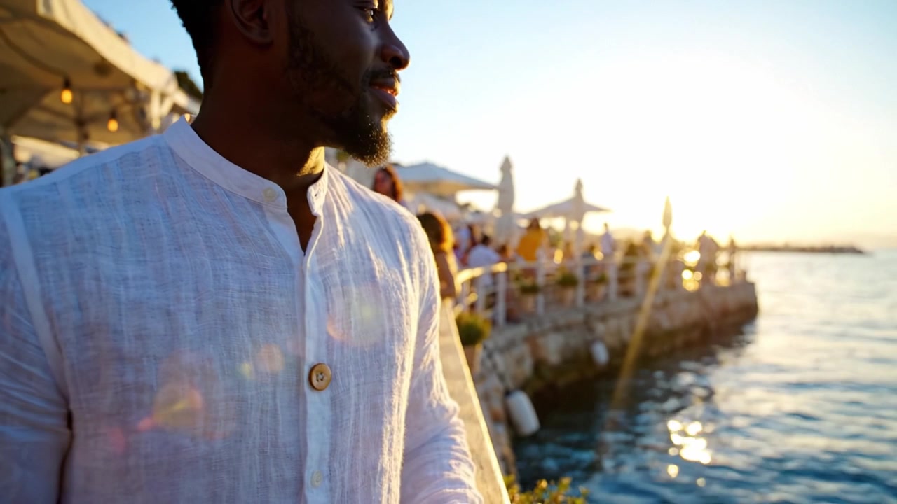 Una serata tranquilla in riva all'acqua: che cattura la tranquillità del crepuscolo con un uomo in camicia di lino bianca che osserva l'acqua e incontri sociali lungo la riva.