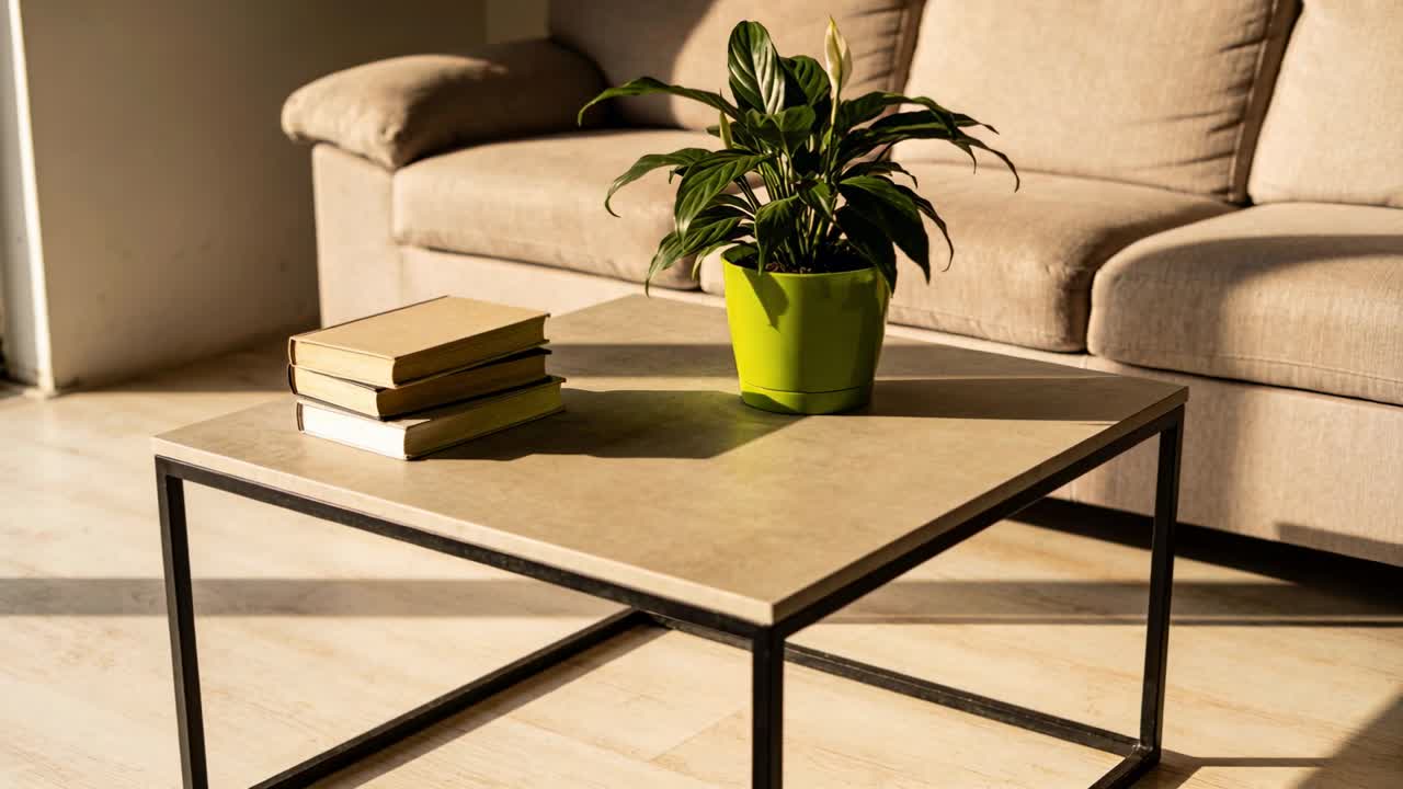 Zooming camera focusing on square coffee table in living room, showing lime pot plant, three books
