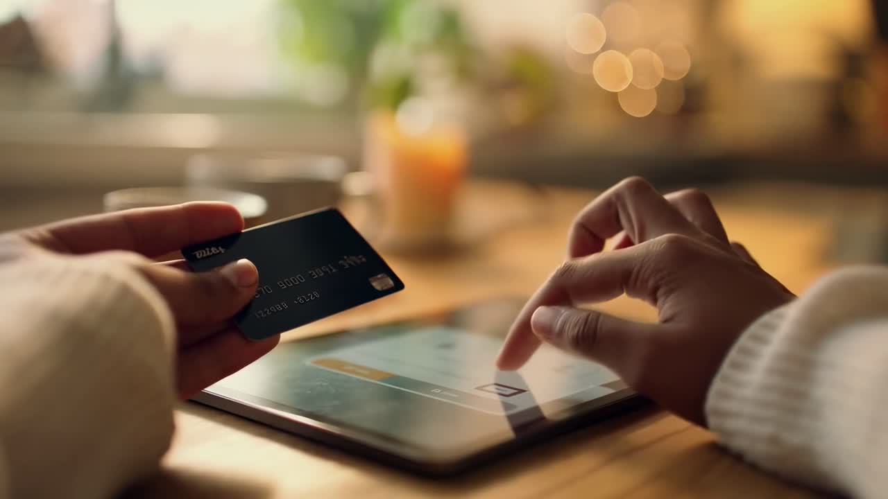 Close-up video of hands using a credit card and tablet, with a warm, blurred background