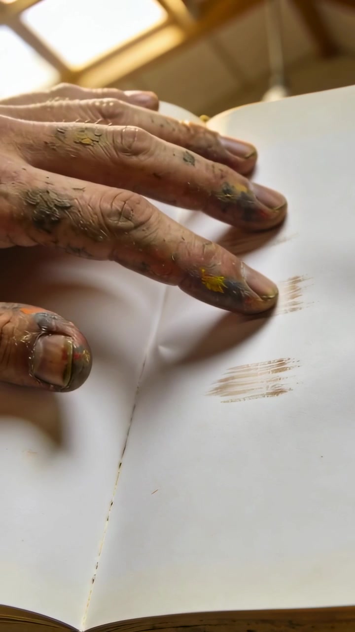 Vertikal video: Zoomer ind, malet hånd presser fingerspidser på skitsebog i studie, tester maling